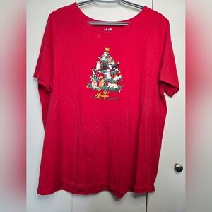 🌷Women's XL Christmas Cat Tree Red Crewneck Short Sleeve Funny Holiday Tee